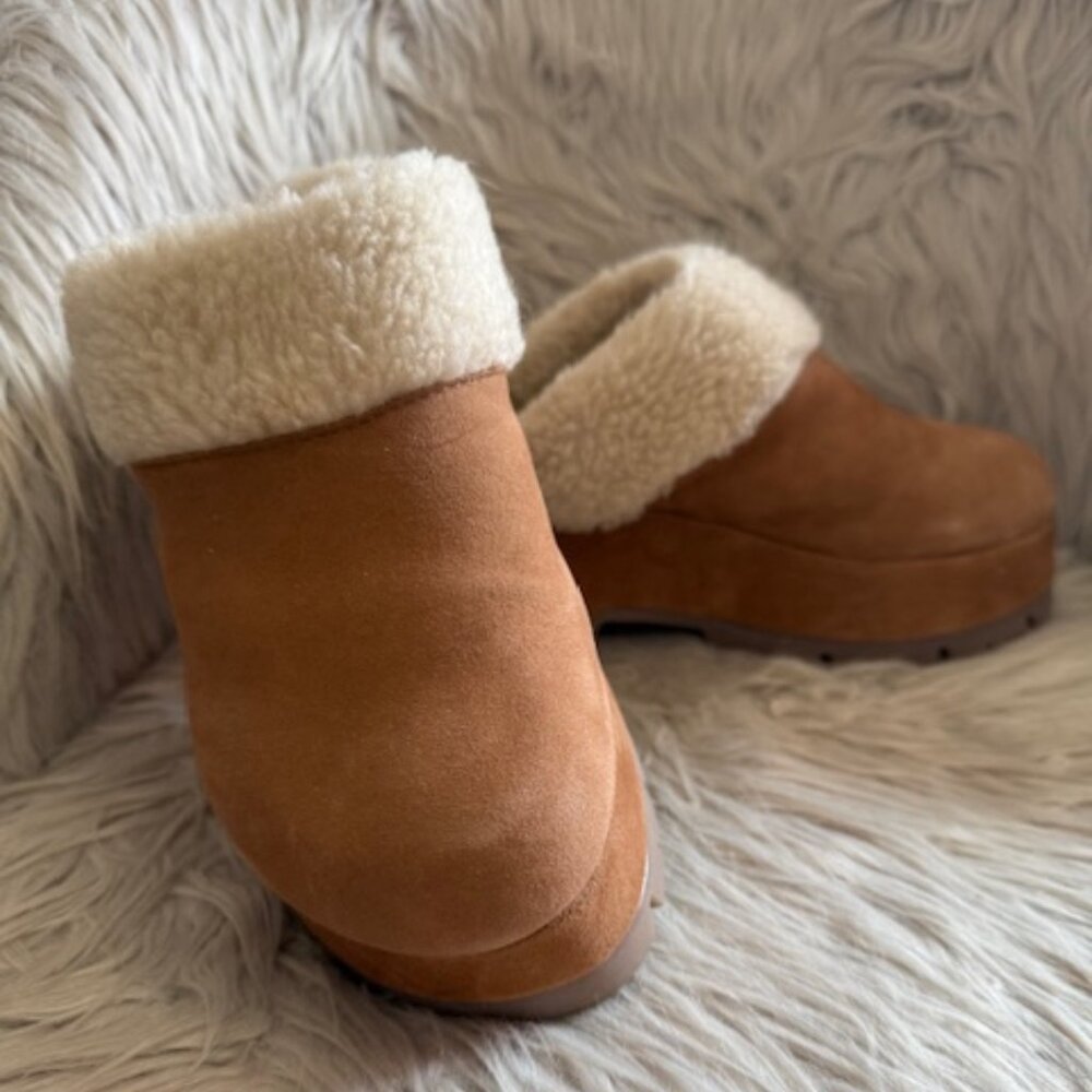 Steve Madden Womens Juney Tan Faux Fur Leather Platform Clog Mules Platform